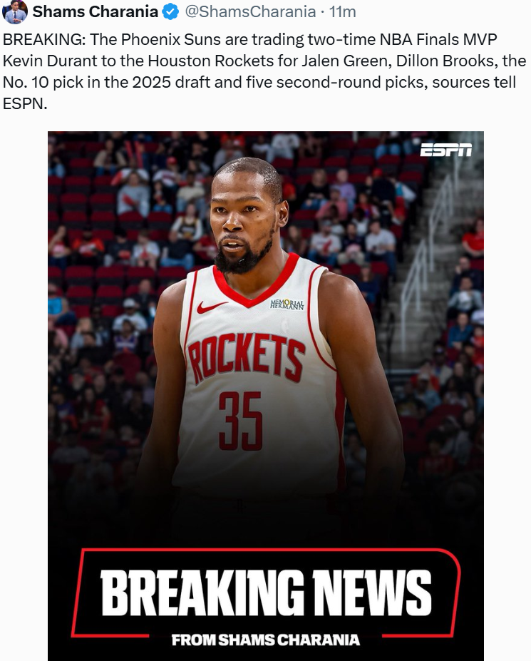 8换1达成！杜兰特被交易到火箭 杰伦格林和狄龙将去太阳